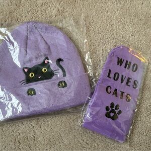 Purple Cat Beanie and Socks Set